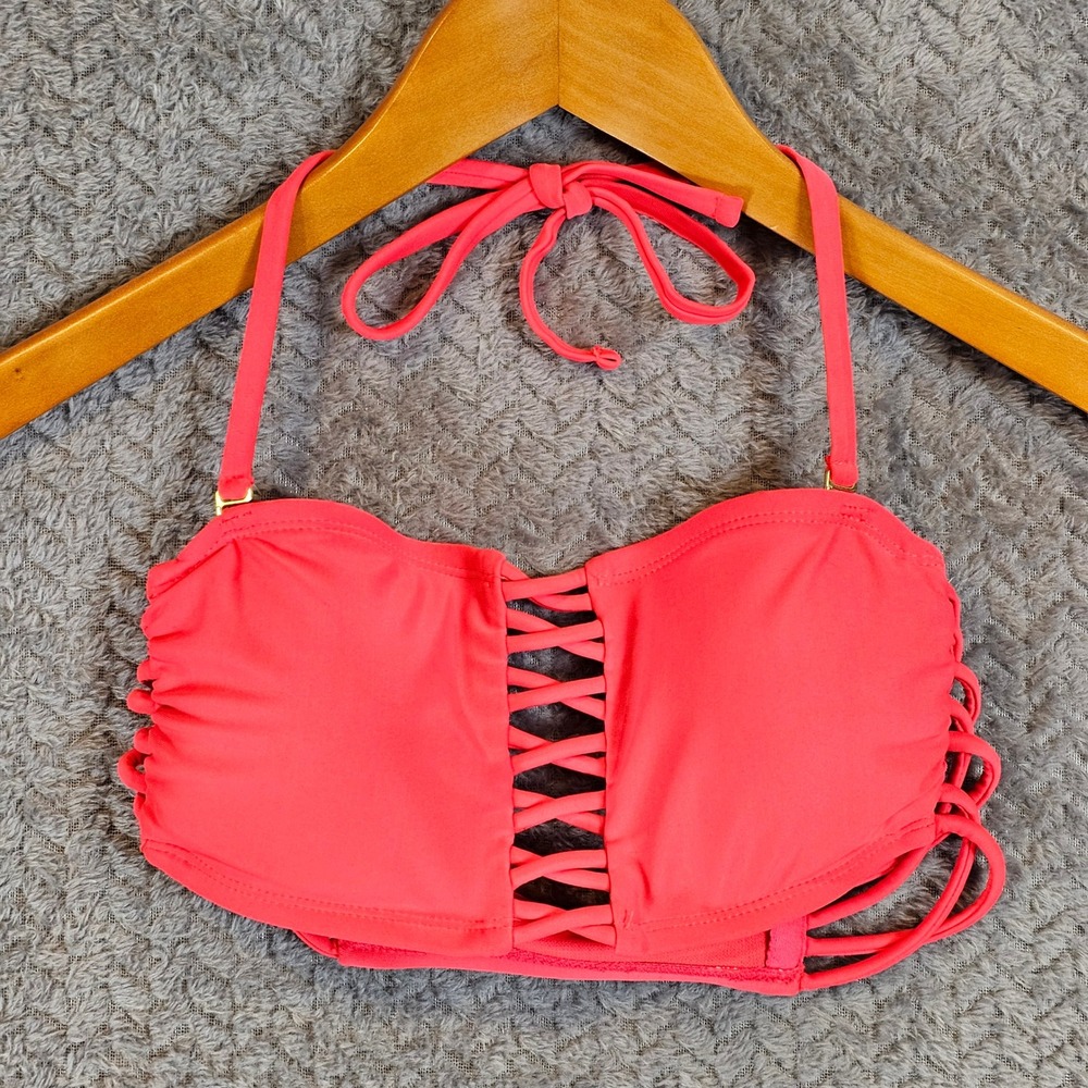 Xhilaration Womens Coral Pink Strappy Cage Bikini‎ Set Halter Top S Bottom M